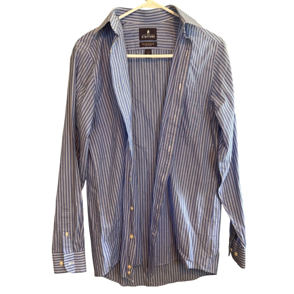 Stafford Mens Striped Button Down Shirt Blue White Fitted Easy Care 15 34-35